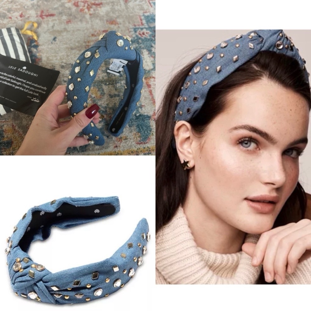 NWT - Lele Sadoughi Denim Blue Knotted Headband with Crystal and Studs!